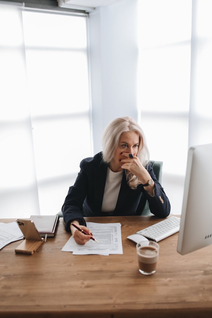 Woman in office attire analyzing documents at wooden desk with computer and coffee.